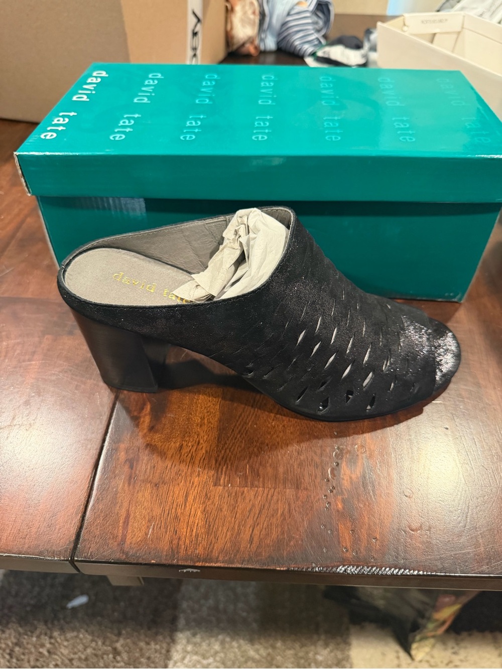 David Tate Women’s Sweden Heeled Mule Shoes Black Antique Suede Size 9 M US